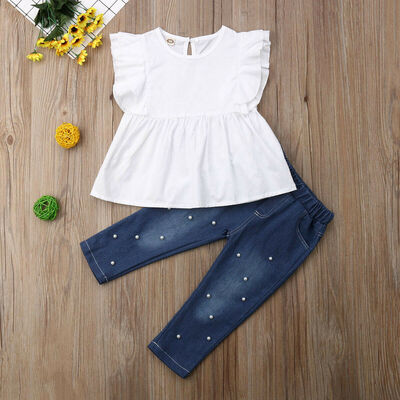 

Fashion Kids Baby Girl Ruffle Tops Pearl Denim Pants Jeans Outfits Clothes