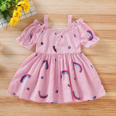 

Toddler Baby Girl Lovely Clothes Short Sleeve Off Shoulder Stripe Dress Princess Ruffle Skirt Tutu Dresses Sundress Summer Out