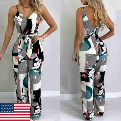 

Women Stripe Plus Size Bodycon Jumpsuit V-neck Romper Trousers Clubwear Party US