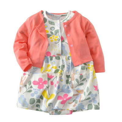 

Baby Girl Clothes Infant Cue Flower Deer Heart Print Dress with Solid Open Stitch Coat Set Childrens Clothing For Girl