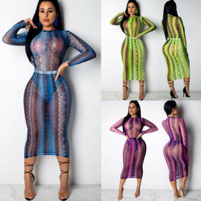 

Women Snakeskin Romper Jumpsuit Bandage Leotard Long Sleeve Bodysuit Skirt Dress