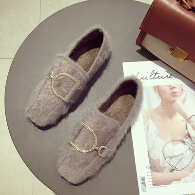 

Doudou Shoes Female Autumn Korean Baitao Net Red Metal Buttoned Fur Shoes Soft Bottom Square Head Flat sole Single Shoes