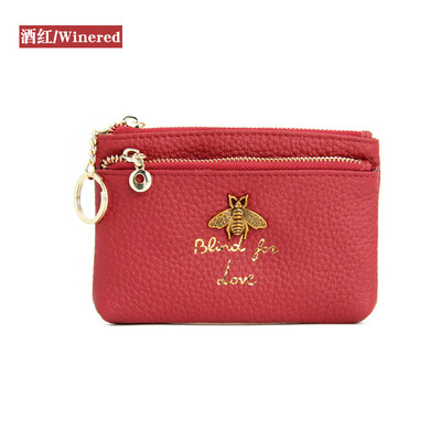 

First layer cowhide European&American bee ladies zipper leather purse leather key ring bag mini coin bag