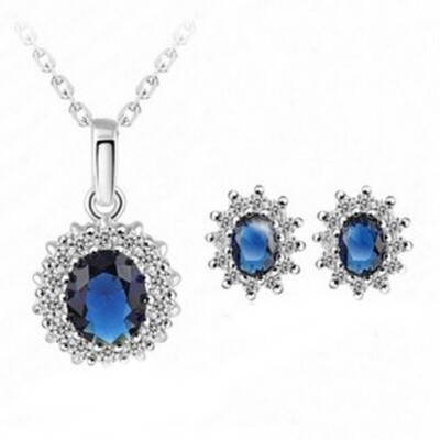 

New Women Oval Blue Sapphire Pendant Chain Necklace Earrings Jewelry Set