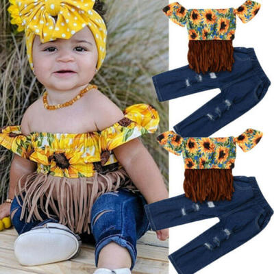 

Summer Newborn Baby Girl Off Shoulder Sunflower Tops Denim Pants Outfits Set