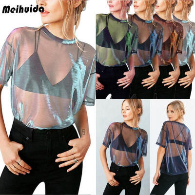 

Sexy Summer Mesh Women T-shirts Short Sleeve O-neck Perspective Shine Casual