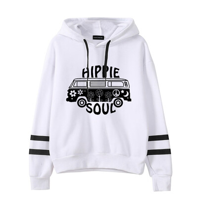 

Queenromen Unisex Hippie Soul Bus Peace Flower Women Hoodie Striped Sleeve Jumper Pullovers Hippy Gift Sweatshirt