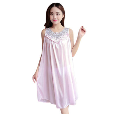 

Women Summer Nightdress Vest Chemise Fat MM Lingerie Lace Ice Silk Long Home Clothing