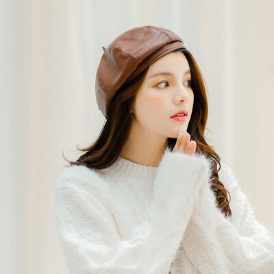 

New Fashion Women Autumn Winter PU Leather Berets Hats Solid Color Round Crown Painter Hat Faux Leather Beanie Cap Headwear