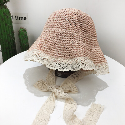

The Korean version of lace straw hat female summer travel Joker student beach fisherman hat day folding sunshade sunscreen tide