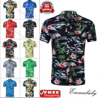 

US New Hawaiian Men T-Shirt Shirts Casual Short Sleeve Flamingo Printed Tops