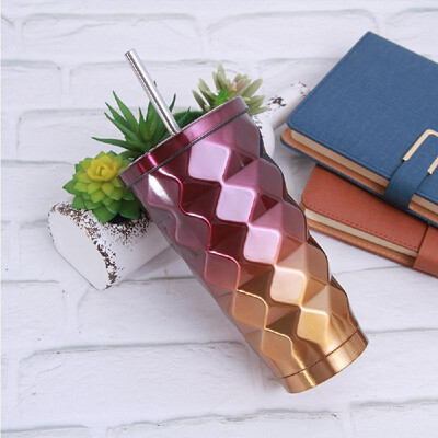 

500ml 304 Stainless Steel Cup Diamond Gradient Hot Cold Drink Vacuum Insulated Flask Straw Lid Set Coffee Mug Outdoor Tumbler