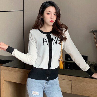 

Womens Outerwear Knit Cardigan O-neck Short Paragraph Leisure Loose Colorblock Knit Cardigan Long Sleeve Sweater