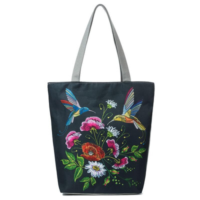 

Vintage Women Shopping Totes Shoulder Bag Bird Floral Print Zipper Pocket Large Capacity Handbag
