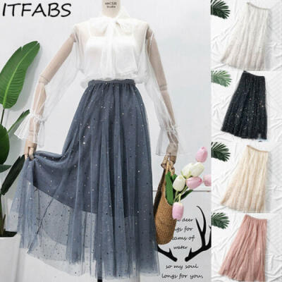 

US 2019 Women High Waist Pleated Skirt Long Skirt Swing Star Moon Tulle Dresses