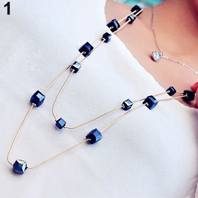 

Women Square Rhinestones Beads 2 Layers Golden Alloy Chain Long Sweater Necklace