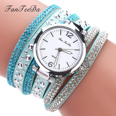 

FanTeeDa Multi Layers Women Quartz Bracelet Watch PU Leather Weave Wrap Crystal Wristwatch Jewelry Gifts 533