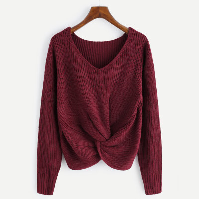 

Womens Casual Sweater V-neck Sexy Cross-knotted Loose Long Sleeve Knitwear Tops