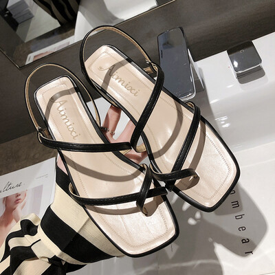 

Summer Europe&America chic retro thick heel set toe sandals womens fashion black gladiator sandals slim high heels