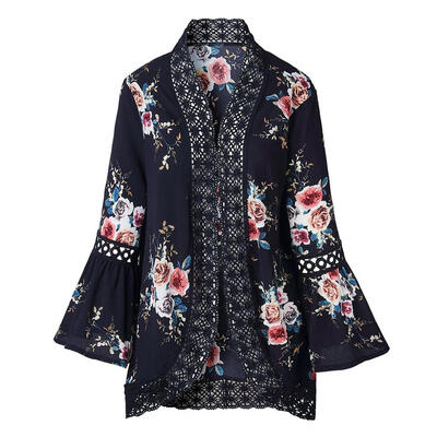 

Women Elegant Lace Hollow Out Cardigan Floral Print Tops Cover Up Blouses