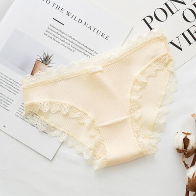 

Women Solid Color Panties Breathable Thread Cotton Mid Rise Lace Trim Bowknot Comfortable Briefs Underwear Lingerie