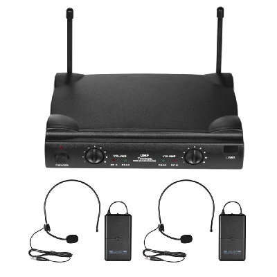 

UHF Dual Channels Wireless Microphone Mic System with 2 Bodypack Transmitter 2 Headset Microphones 1 Receiver 635mm Audio Cable P