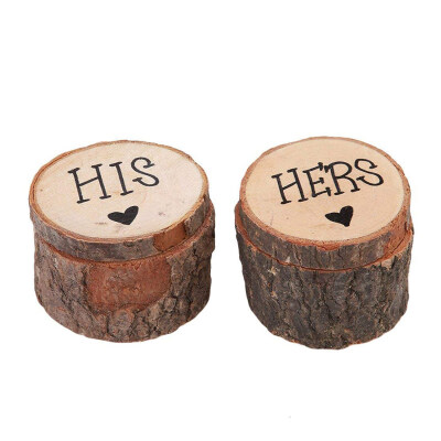 

2Pcs His Hers Rustic Round Wooden Ring Jewelry Storage Box Case Wedding Supplies