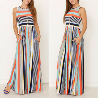 

Womens Stripe Boho Party Evening Beach Dresses Maxi Sundress Sleeveless Tunic T-Shirt Dress with Side Pockets Swing Soft Premium