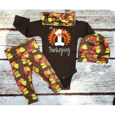 

4Pcs Newborn Baby Boys Girls Thanksgiving Romper Pants Hat Outfits Clothes Set