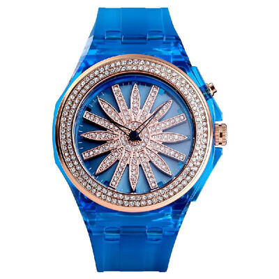 

SKMEI 1536 Woman Quartz Watch Rotating Flower Dial Colorful LED Backlight Transparent Case Strap Female Wristwatch
