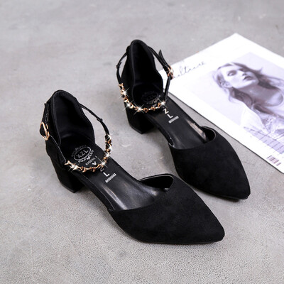 

High heel shoes women 2019 new spring pointed little fresh girl thick heel Baotou word with hollow sandals women