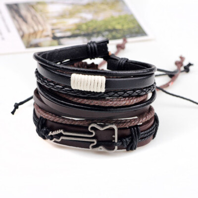 

Alloy Guitar Leather Rope Weaving Multi-Layer Cowhide Leather Bracelet Set of 3 Unisex Pair Jewellery