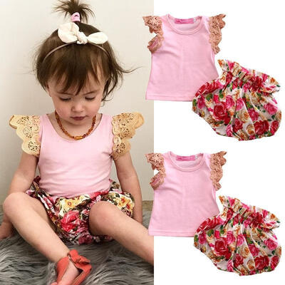 

Toddler Baby Kids Girls Lace Tops T shirtFloral Short Pants 2pcs Outfits Set