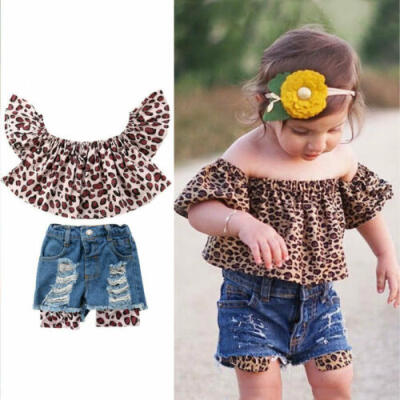 

CA 2PCS Infants Girls Leopard Outfits Set Top T-ShirtDenim Pants Clothes Summer