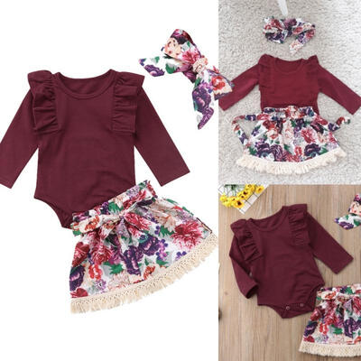 

Floral Newborn Baby Girls Cotton Tops Romper Skirts Headband Outfits Clothes Set