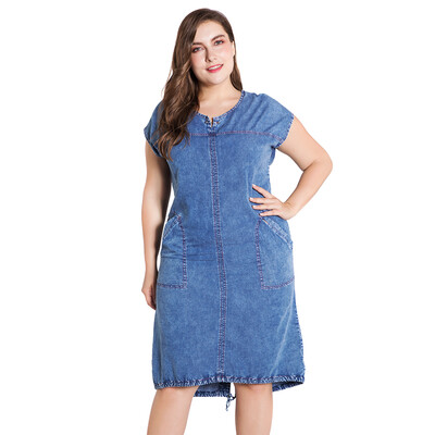 

Plus Size Denim Women Knee Length Short Sleeve Casual Jeans Pocket Dress
