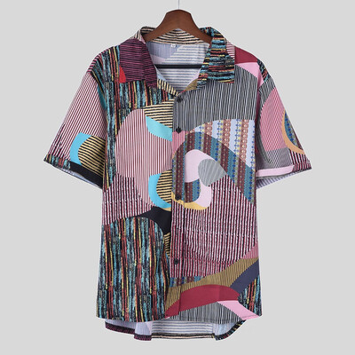 

Tailored Mens Ethnic Printed Stand Collar Colorful Stripe Short Sleeve Loose Shirt