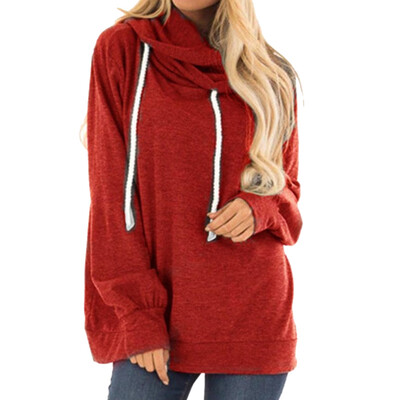 

New Autumn And Winter Women Pure Color Hoodie Sweatshirt Loose Casual Long Sleeve Lace Turtleneck Hooded Pullover