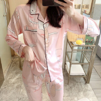 

Women Luxury Silk Satin Pajama Sets Long Sleeve Print Pyjamas Sleepwear Homewear