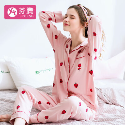 

Fenteng 2018 autumn strawberry lapel cardigan cotton long-sleeved pajamas ladies home service ladies pajamas J98912022 shrimp color XL