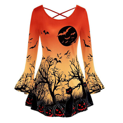 

Roseonmyhand Plus Size Women O-Neck Halloween Flare Sleeve Punpkin Cat Print T Shirt Tops