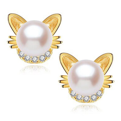 

Cat Earrings&Pendant Necklace for Women Girls Freshwater Pearl 18K Gold Plated 925 Sterling Silver Ear Studs for Cat Lovers