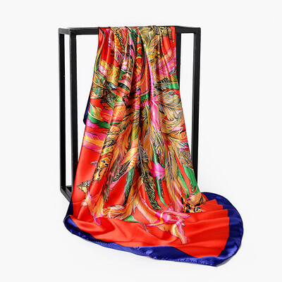 

90cm90cm new scarf oil painting color matching printing feather crown ladies silk scarf large square scarf FJ138