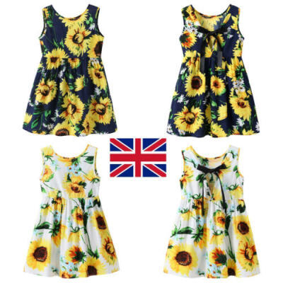 

UK Girls Summer Sleeveless Dress Kids Sunflower Bow Fashion Dresses Age 1-7 Year