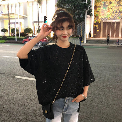 

Womens O-Neck Half Sleeve Solid Loose Glitter T-Shirt