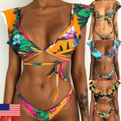 

US 2019 Sexy Women Two Piece Bikini Sets Padded Thong Bottoms Swimwear Swimsuit