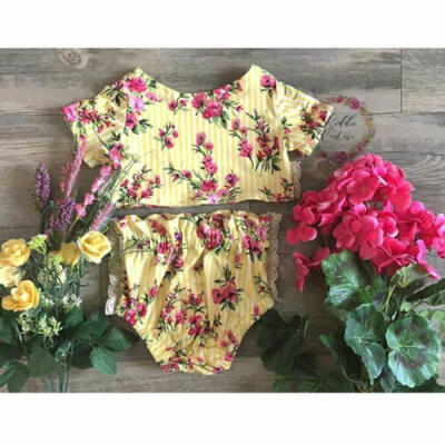 

UK Newborn Baby Girl Summer Lace Vertical Stripe Flower Outfit Clothes Top 0-24M