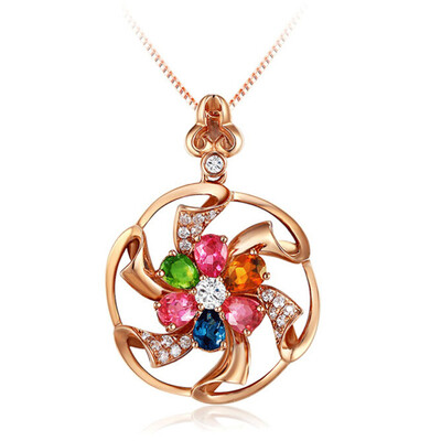 

Flowers Twist Unique Shape Colorful Gemstone Diamond 18K Rose Gold Silver Necklace Pendant Jewelry
