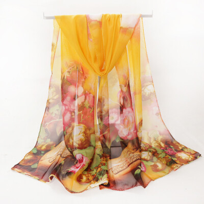 

Gobestart Fashion Women Flower Print Long Soft Wrap Scarf Simulation Silk Shawl Scarves