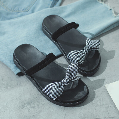 

Lovely wind sandals 2019 new bow net red slippers women summer wear wild ins tide flat thick bottom